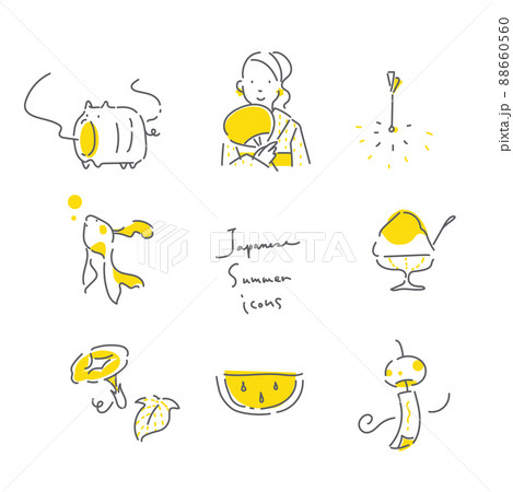フリーハンド手描きの日本の夏イラストセット お洒落で脱力系の線画