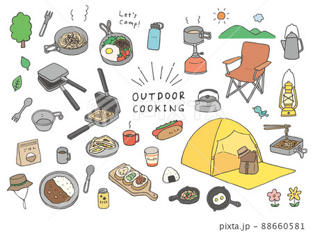 アウトドア料理・キャンプごはんにまつわる手描きイラスト（カラー） 88660581