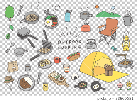 アウトドア料理・キャンプごはんにまつわる手描きイラスト（カラー） 88660581