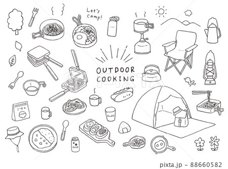 アウトドア料理・キャンプごはんにまつわる手描きイラスト（モノクロ） 88660582