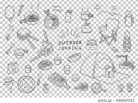 アウトドア料理・キャンプごはんにまつわる手描きイラスト（モノクロ） 88660582