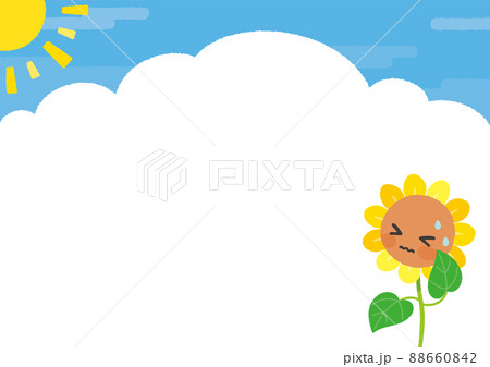 夏空とかわいいひまわりの背景 太陽あり キャラクター 汗 横型のイラスト素材 夏空とかわいいひまわりの背景 太陽あり キャラクター 汗 横型のイラスト素材