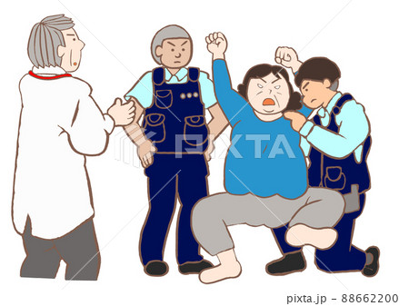 措置入院　警察官同行のもと措置診察を受ける統合失調症の女性と精神保健指定医のイラスト 88662200