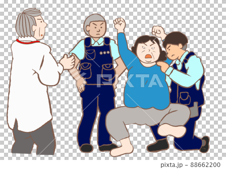 措置入院　警察官同行のもと措置診察を受ける統合失調症の女性と精神保健指定医のイラスト 88662200