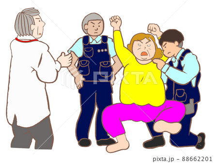措置入院　警察官同行のもと措置診察を受ける双極性障害の女性と精神保健指定医のイラスト 88662201