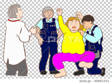 措置入院　警察官同行のもと措置診察を受ける双極性障害の女性と精神保健指定医のイラスト 88662201