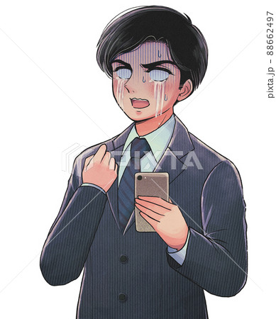 昭和の漫画風・スマホを持って号泣する白目のサラリーマン 88662497