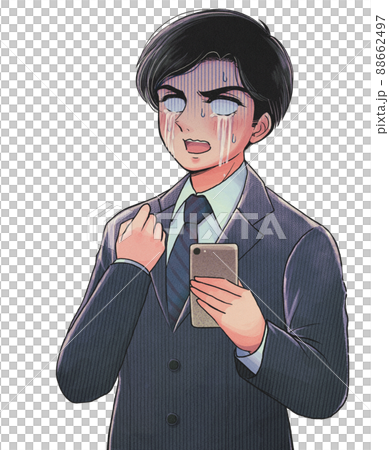 昭和の漫画風・スマホを持って号泣する白目のサラリーマン 88662497