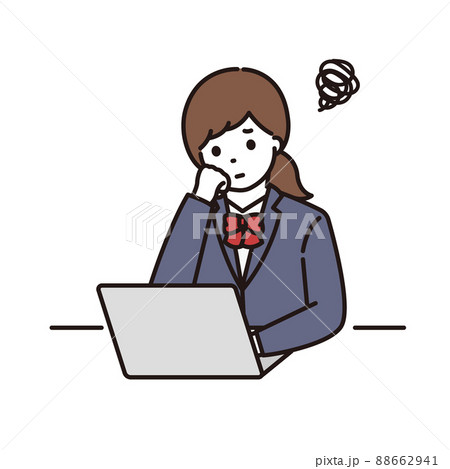 パソコンの前で頬杖をつき悩んでいる学生服の女子高生 パソコンの前で頬杖をつき悩んでいる学生服の女子高生 88662941