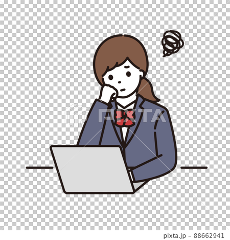 A high school girl in school uniform who is worried about her cheeks in front of a computer 88662941