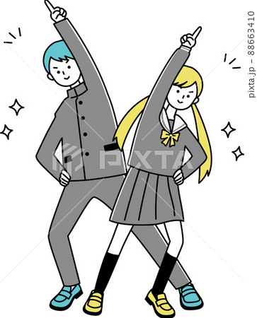 男女の学生　全身指差しポーズ　線あり 88663410