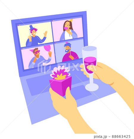 Friends celebrating birthday congratulations on screen of laptop. Friends celebrating birthday congratulations on screen of laptop. 88663425