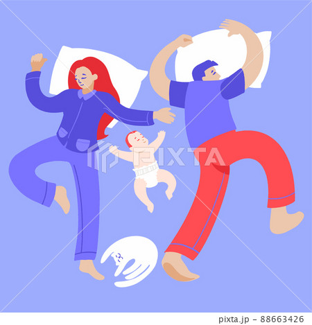 Happy family nap. Mother, father and baby sleeping together on bed top view. Happy family nap. Mother, father and baby sleeping together on bed top view. 88663426