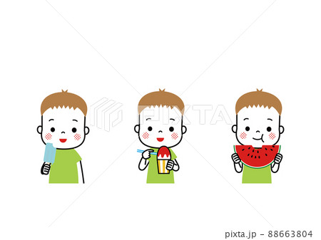 夏の冷たい食べ物 アイス かき氷 スイカを食べる男の子のイラスト素材 夏の冷たい食べ物 アイス かき氷 スイカを食べる男の子のイラスト素材