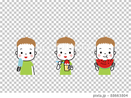 男孩們吃冷夏食品冰淇淋、刨冰和西瓜 88663804