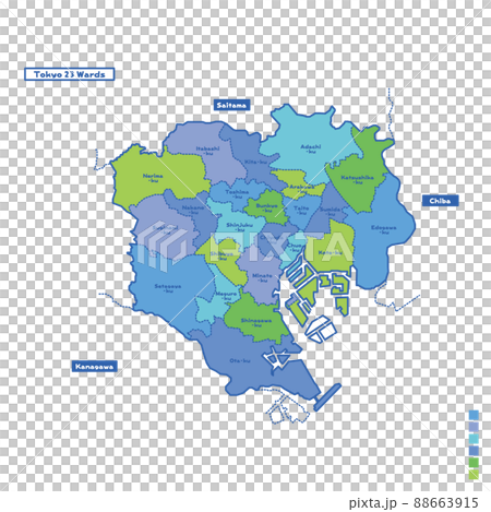 東京都特別区・東京23区地図 雨の日カラーで色分けしてみた（英語版） 88663915