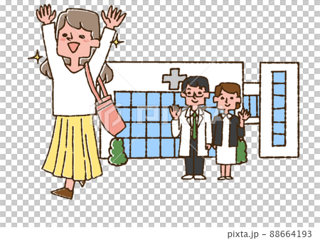 退院した女性と見送る医師と看護師　コミカルな手書きの人物　ベクター、線画にカラー 88664193