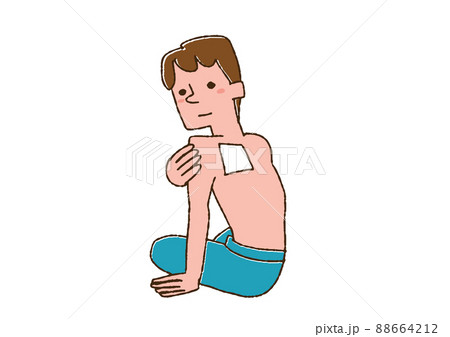 湿布を貼る男性 コミカルな手書きの人物 ベクター、線画にカラー 湿布を貼る男性 コミカルな手書きの人物 ベクター、線画にカラー 88664212