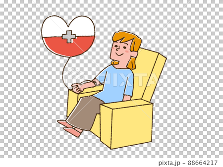 献血している女性　コミカルな手書きの人物　ベクター、線画にカラー 88664217