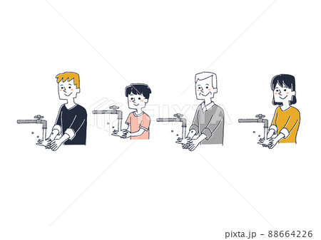 手を綺麗に洗っている人物のセット　コミカルな手書きの人物　ベクター、線画にカラー 88664226