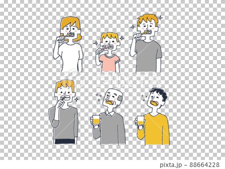 歯磨き、口腔ケアに関する人物イラストセット　コミカルな手書きの人物　ベクター、線画にカラー 88664228
