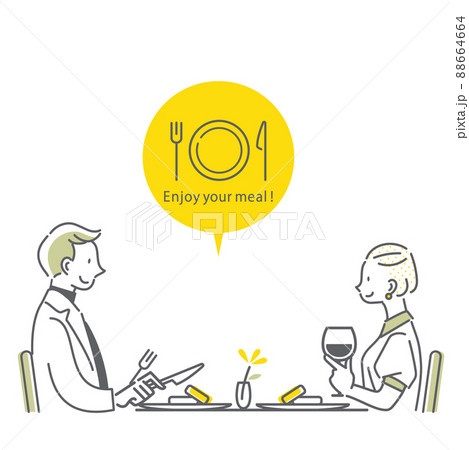 外食を楽しむカップル シンプルでお洒落な線画イラストのイラスト素材