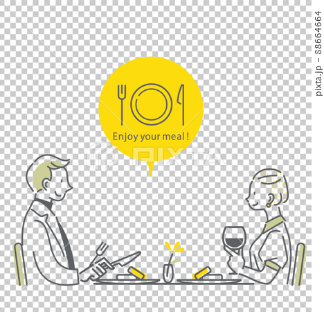 外食を楽しむカップル シンプルでお洒落な線画イラストのイラスト素材