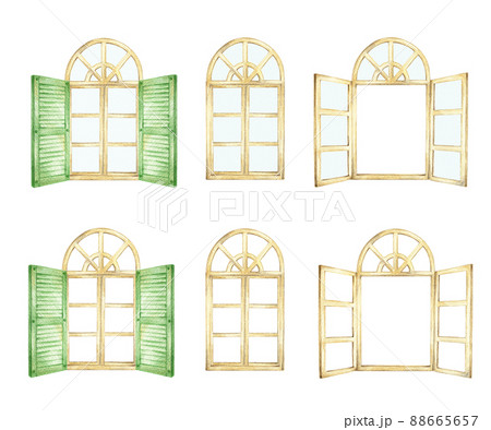 木製の洋風の窓のセット　手描き色鉛筆画 88665657