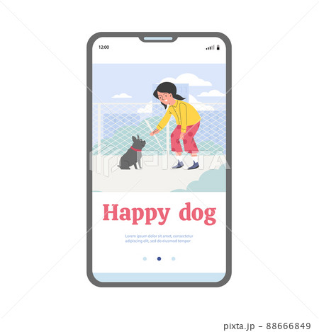 Onboarding page with child girl playing with her dog, flat vector illustration. 88666849
