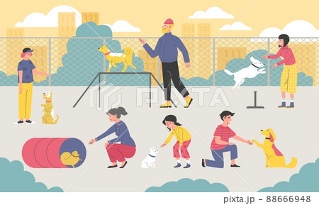 People train dogs outdoor, men and women spend time with pets flat style People train dogs outdoor, men and women spend time with pets flat style 88666948