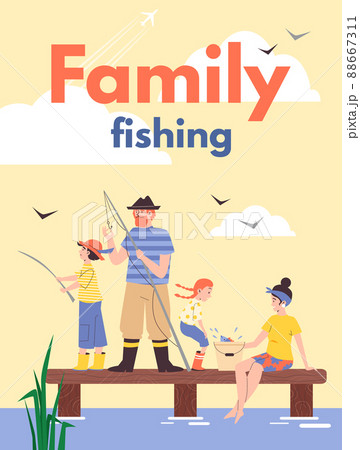 Family fishing poster with father and kids with rods on river bank, flat vector. Family fishing poster with father and kids with rods on river bank, flat vector. 88667311