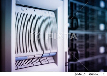 Row of hard disks used for data storage in internet data center Row of hard disks used for data storage in internet data center 88667863