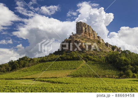 Rock of Solutre with vineyards, Burgundy, Solutre-Pouilly, France Rock of Solutre with vineyards, Burgundy, Solutre-Pouilly, France 88669458