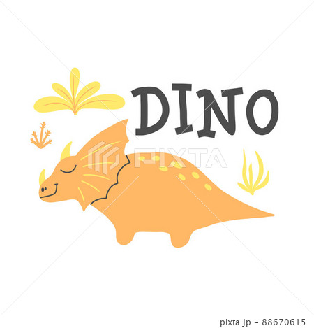 Children's poster with a cute dinosaur. Hand-drawn illustration with dino. The illustration is suitable for pints, nursery posters, postcards. Vector illustration. Children's poster with a cute dinosaur. Hand-drawn illustration with dino. The illustration is suitable for pints, nursery posters, postcards. Vector illustration. 88670615
