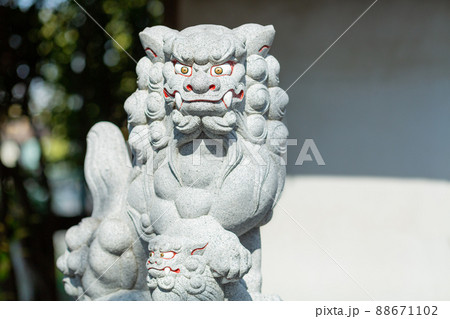 【日本】神奈川、鈴鹿神社の入り口に鎮座する狛犬の石像 【日本】神奈川、鈴鹿神社の入り口に鎮座する狛犬の石像 88671102