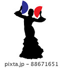 Black silhouette of flamenco dancer in beautiful dress with two fans in her hands 88671651