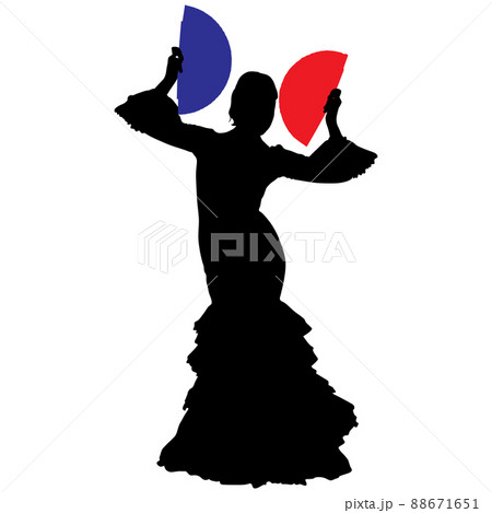 Black silhouette of flamenco dancer in beautiful dress with two fans in her hands 88671651
