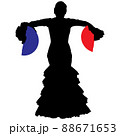 Black silhouette of flamenco dancer in beautiful dress with two fans in her hands 88671653