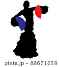 Black silhouette of flamenco dancer in beautiful dress with two fans in her hands 88671659
