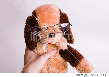 Hand holding a plush toy with glasses Hand holding a plush toy with glasses 88672411