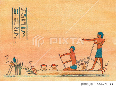 People on Egyptian boats on the Nile, Egyptian style postcard, drawn boats, Egyptian hieroglyphs and inscriptions. People on Egyptian boats on the Nile, Egyptian style postcard, drawn boats, Egyptian hieroglyphs and inscriptions. 88674133