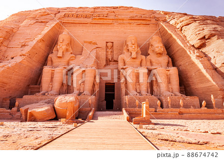 Statue of Seated Ramses II at the Great Ramses II Temple in Abu Simbel Village. Statue of Seated Ramses II at the Great Ramses II Temple in Abu Simbel Village. 88674742
