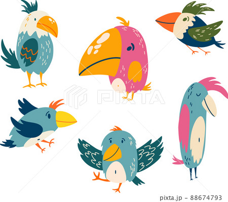 Parrots set. Exotic birds. Great for children cards, prints and greeting card. Isolated vector clip art illustration. Parrots set. Exotic birds. Great for children cards, prints and greeting card. Isolated vector clip art illustration. 88674793