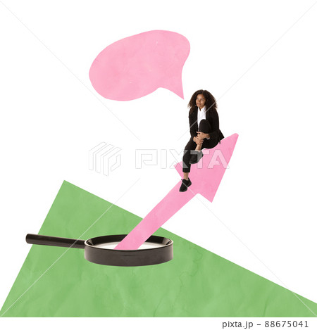 Contemporary art collage. Young woman, motivated employee sitting on arrow going up symbolizing growth and promotion Contemporary art collage. Young woman, motivated employee sitting on arrow going up symbolizing growth and promotion 88675041