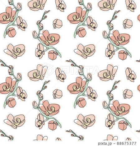 Seamless pattern with one single line drawings of orchid flowers and abstract spots Seamless pattern with one single line drawings of orchid flowers and abstract spots 88675377