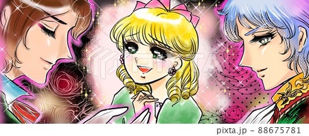 70年代少女漫画イケメン王子様たちのデートのお誘いに迷う金髪美女の妄想イラスト 88675781