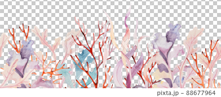 Watercolor seamless border made from seaweeds and coral in pastel colors. Illustration 88677964