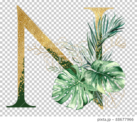 Golden letter N decorated with green and golden Watercolor tropical leaves isolated 88677966
