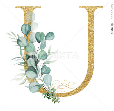Golden letter U decorated with green Watercolor eucalyptus branches and leaves isolated 88677969