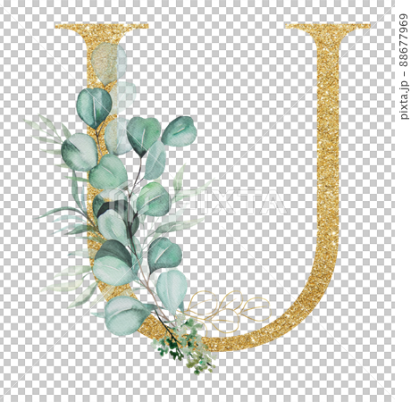 Golden letter U decorated with green Watercolor eucalyptus branches and leaves isolated 88677969